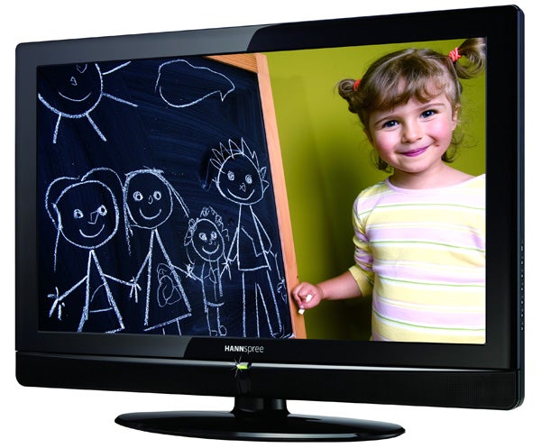 Child standing next to Hannspree ST321MBB LCD TV displaying artwork.