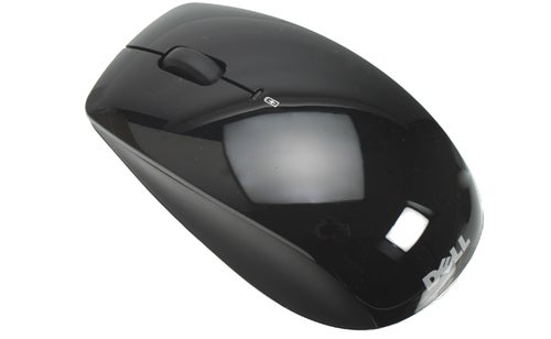 Black Dell wireless computer mouse on white background.