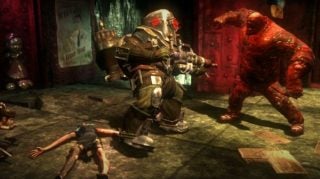 BioShock 2 gameplay featuring Big Daddy and Splicer.