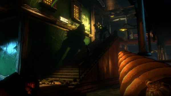 Screenshot of BioShock 2 game showing dimly lit staircase and architecture