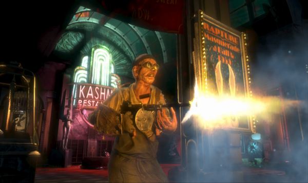 Splicer enemy attacking with fire plasmid in BioShock 2.