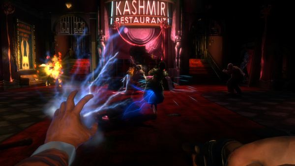 Screenshot of BioShock 2 gameplay showing plasmid use in combat.
