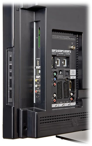 Side view of Sharp Aquos LC-32LE600E showing ports and connectors.