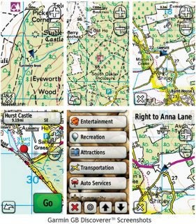 Screenshots of Garmin Dakota 20 GPS maps and menu interface.