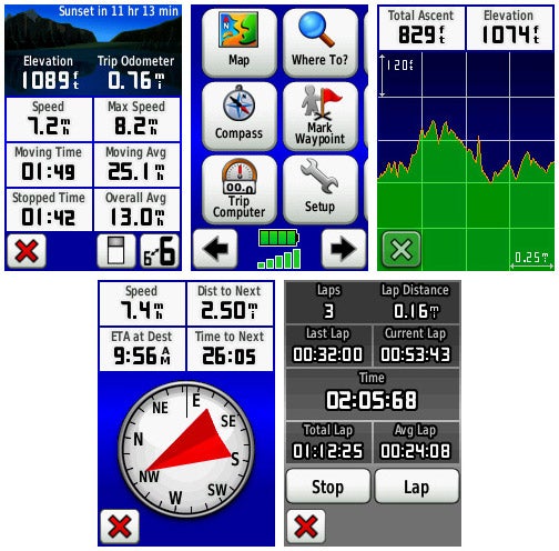 Collage of Garmin Dakota 20 GPS navigator interface screens.