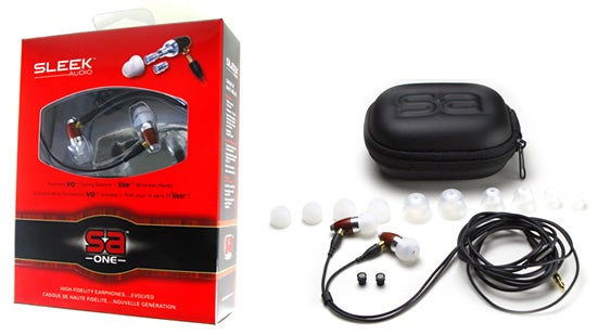Sleek Audio SA1 earphones with packaging and accessories.