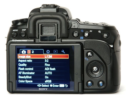 Sony Alpha A500 camera showing menu on LCD screen.