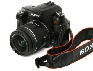 Sony Alpha A500 camera with lens and strap.