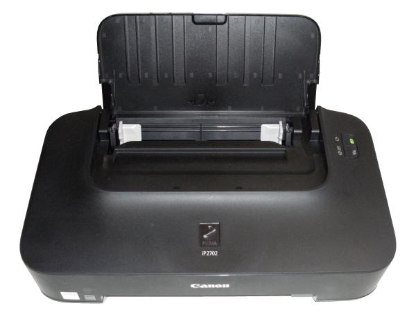 Canon PIXMA iP2702 inkjet printer with open paper output tray.