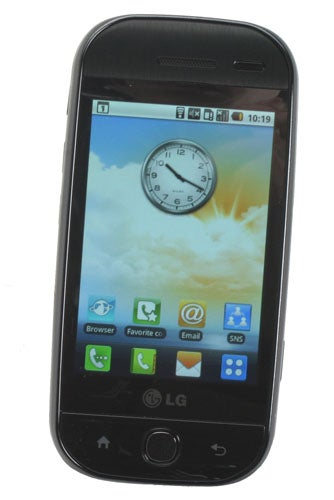 LG GW620 InTouch Max smartphone displaying clock and apps on screen.