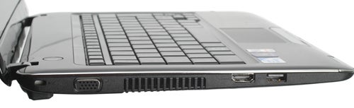 Side view of Toshiba Satellite T130-11H laptop showing ports.