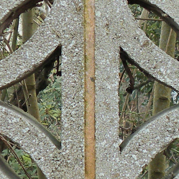 Close-up of old wrought iron gate with vegetative background