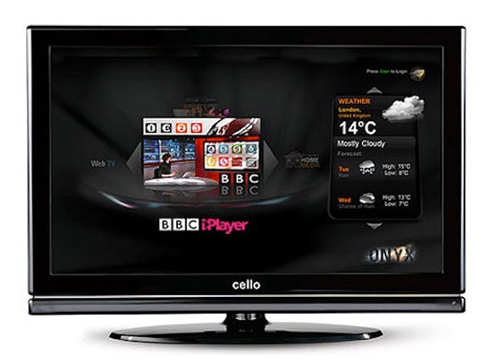 Cello iViewer C3298DVB 32-inch LCD TV displaying BBC iPlayer.
