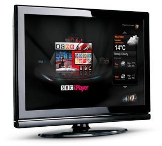 Cello iViewer C3298DVB 32-inch LCD TV displaying BBC iPlayer interface.