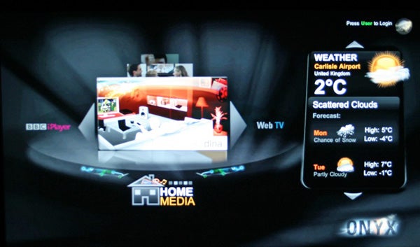 Cello iViewer TV showing on-screen smart features and weather forecast.