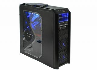 CyberPower Infinity i7 Phoenix Gaming PC with blue LED lights.