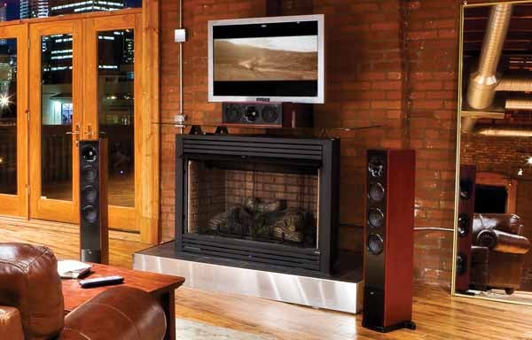 Klipsch WF-34 speakers in a stylish living room setup.