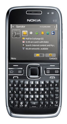 Nokia E72 phone showing screen and full QWERTY keyboard.