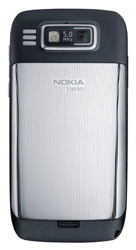 Back view of Nokia E72 smartphone showing camera and branding.
