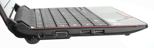 Acer Aspire One 532h Netbook side ports and keyboard view.Acer Aspire One 532h netbook showing side ports and keyboard.