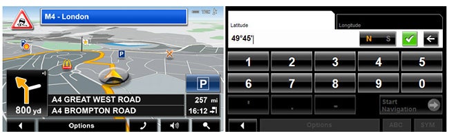 Navigon 8450 Live GPS device displaying map and coordinate input screen.