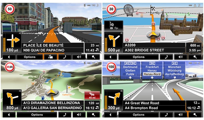 Navigon 8450 Live Sat-Nav interface screenshots displaying navigation features.