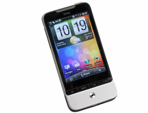HTC Legend smartphone displaying home screen on white background.