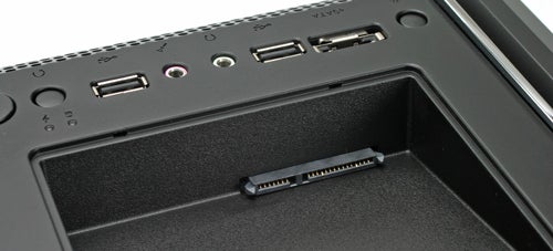 Close-up of CoolerMaster CM 690 II case's top ports and connections.