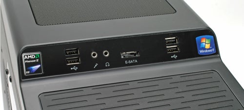 Close-up of the Advent Centurion PC front panel with ports and stickers.
