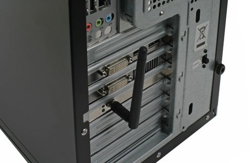 Close-up of Advent Centurion PC rear connectivity ports and antenna.