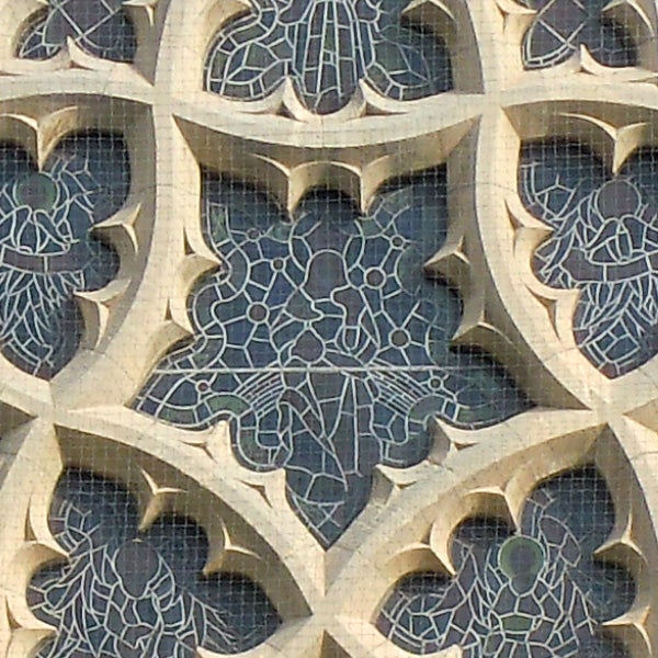 Stone architectural details with intricate patterns.