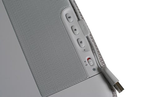Close-up of Logitech Speaker Lapdesk N700 side controls.