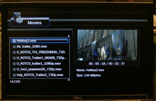 Asus O!Play Air HDP-R3 media player interface displaying movie list and preview.