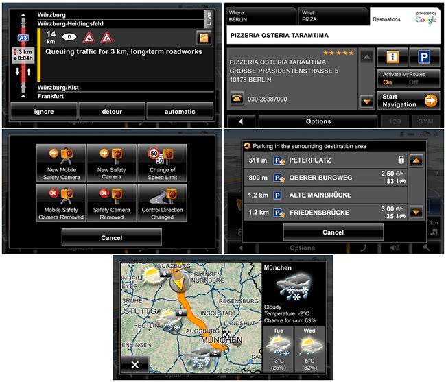 Screenshots of Navigon 6350 Live GPS features and menu options.