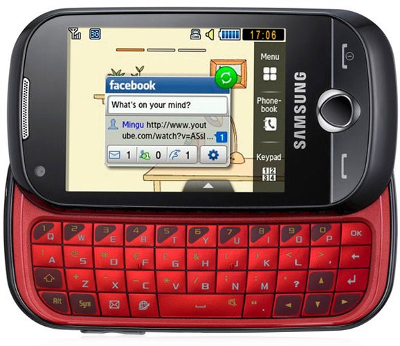 Samsung Genio Slide phone with keyboard and Facebook on screen.