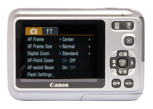 Canon PowerShot A490 digital camera rear view displaying menu.