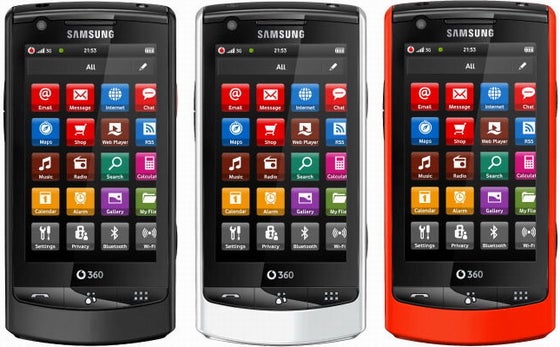 Three Vodafone 360 M1 smartphones in different colors.