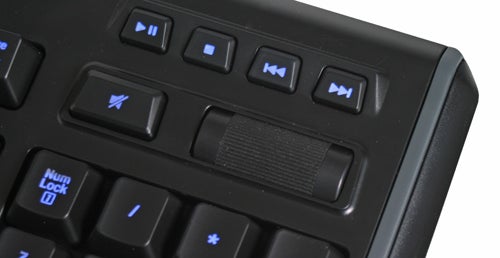 Close-up of Logitech G110 Gaming Keyboard media control keys.