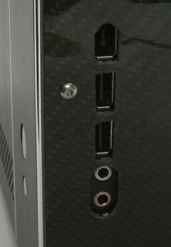 Close-up of gaming PC's audio and USB ports.
