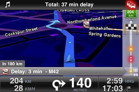 Screenshot of TomTom app showing route with delay information.