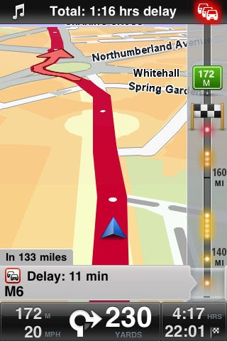 TomTom iPhone app displaying traffic delay on a map.