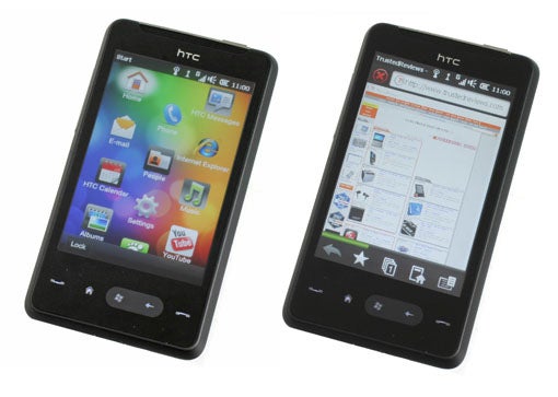Two HTC HD mini smartphones displaying different screens.