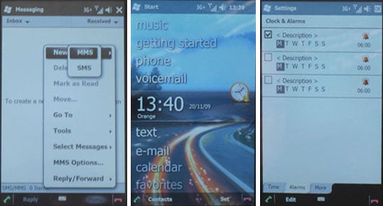 Screenshots of HTC HD mini messaging, home screen, and settings.