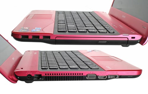 Sony VAIO E Series laptop in pink with open and closed views.