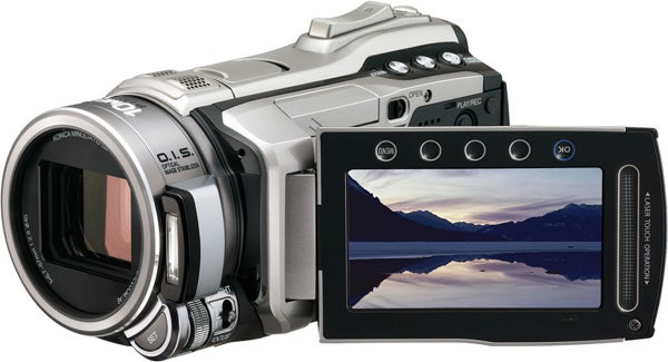 JVC Everio GZ-HM1 camcorder with LCD screen displayed.