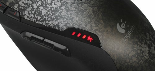 Close-up of Logitech G500 gaming mouse with DPI indicators.