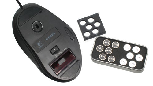 Logitech G500 mouse with weight adjustment cartridges.