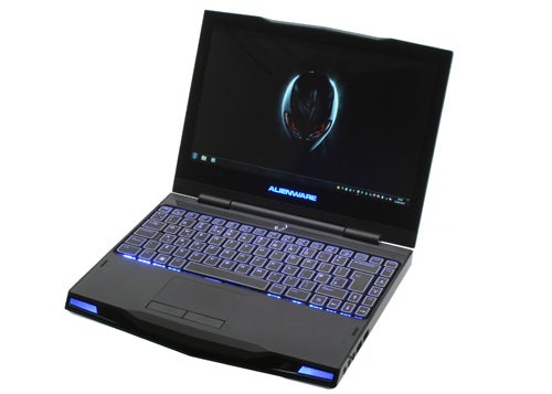 Alienware M11x laptop with logo on screen and backlit keyboard.