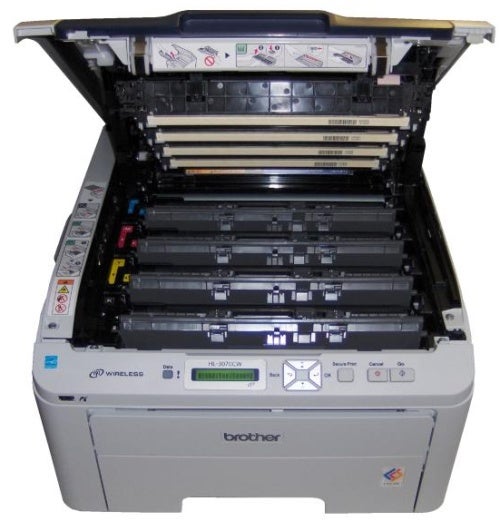 Brother HL-3070CW printer with open cover showing toner cartridges.