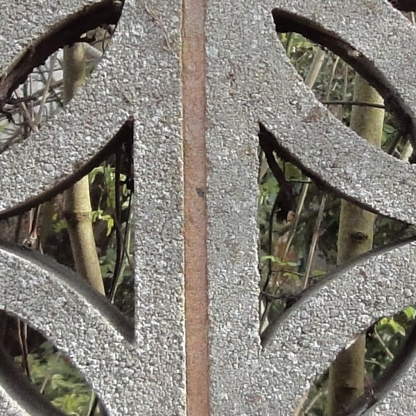 Close-up photo of a textured metallic object with foliage in the background.